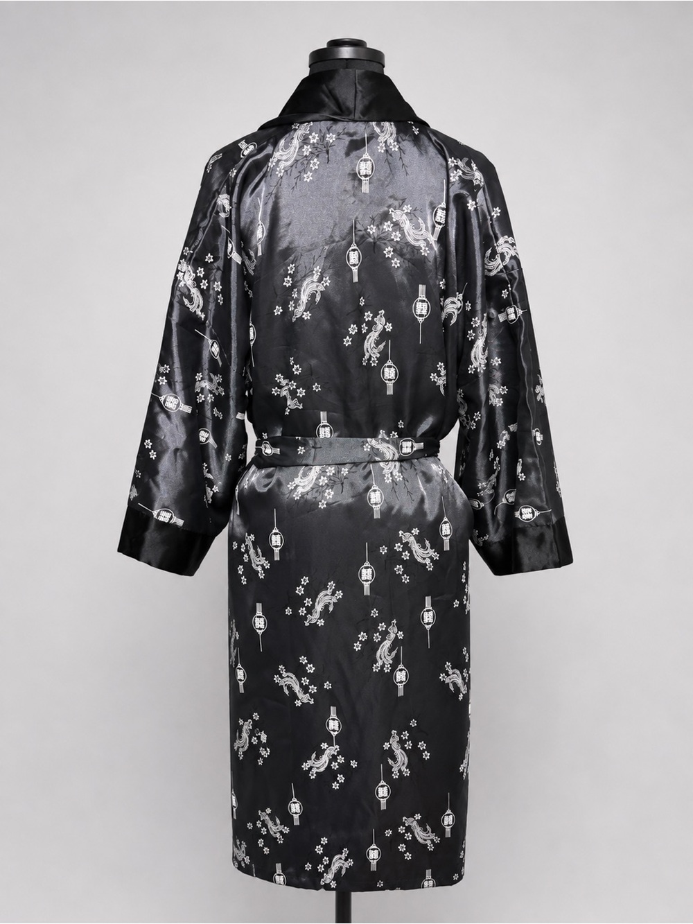 Floral Dragon Kimono Reversible Robe Embroidered Black Satin Asian Belted - Picture 8 of 10
